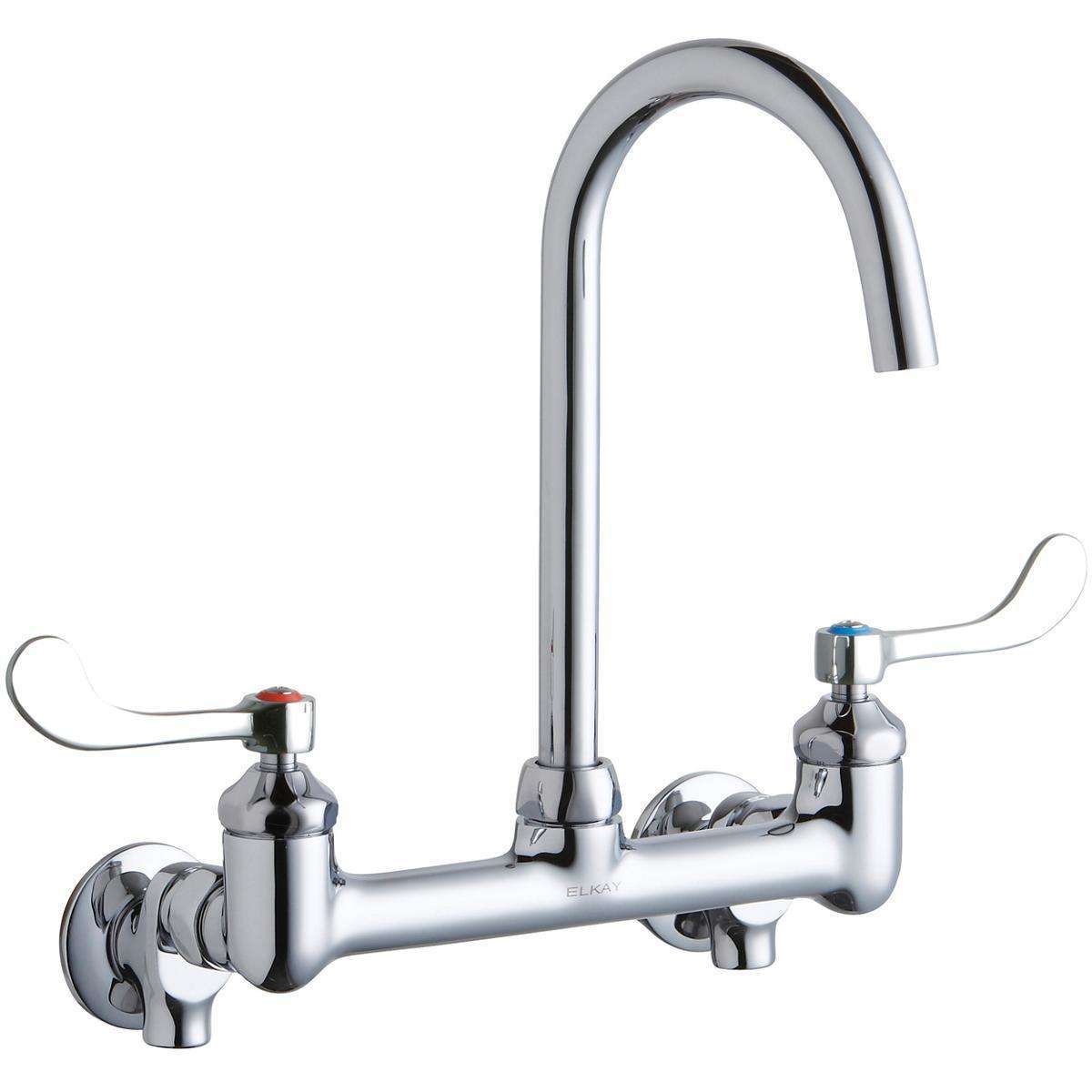 Elkay 8" Centerset Deck Mount Laminar Flow Faucet w/5" Gooseneck Spout 4" Wristblade Handles 1/2 Offset Inlets+Stop LK940LGN05T4S